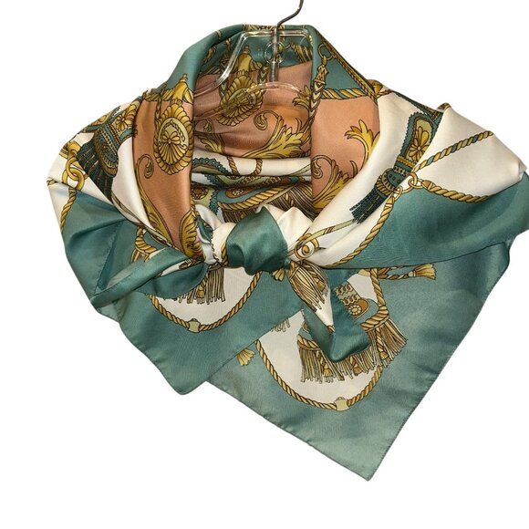 teal gold Italy vintage baroque tassels print scarf - Picture 4 of 4
